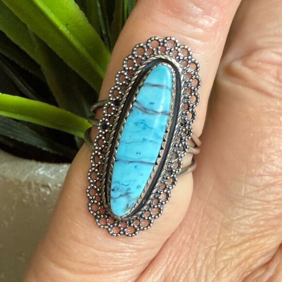 Beau Jewelry - Vintage Turquoise Beau Sterling Silver Filigree Cabochon Bezel Ring Size 5 Adjus